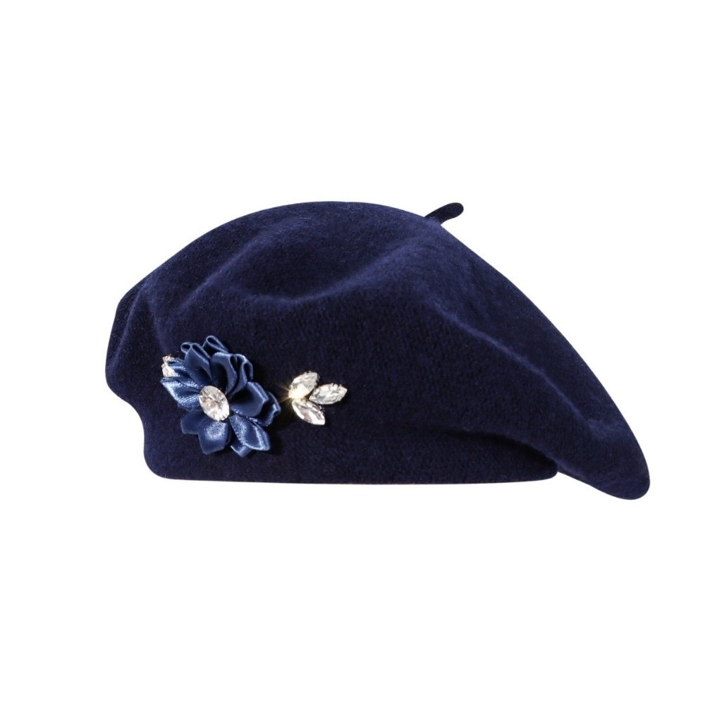 Beret French Wool - 단색 울 베레모 크리스탈 장식 꽃무늬