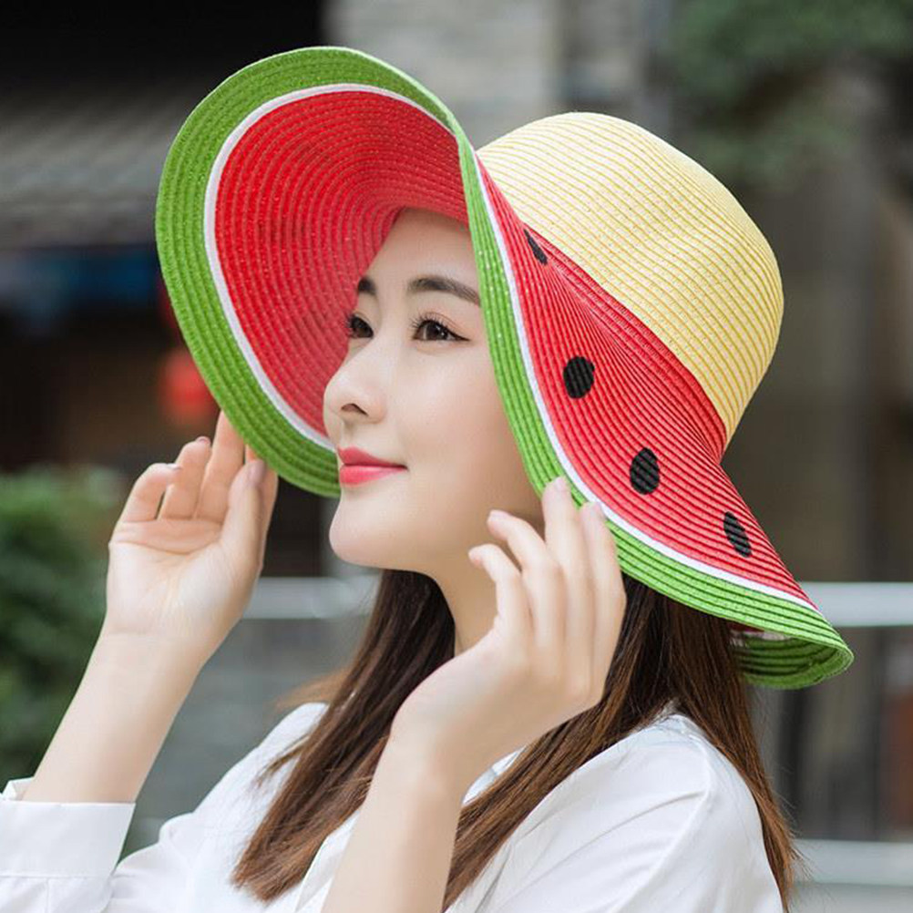 Sun Hat Wide Brim - 여아용 수박 밀짚모자 여름 와이드 브림