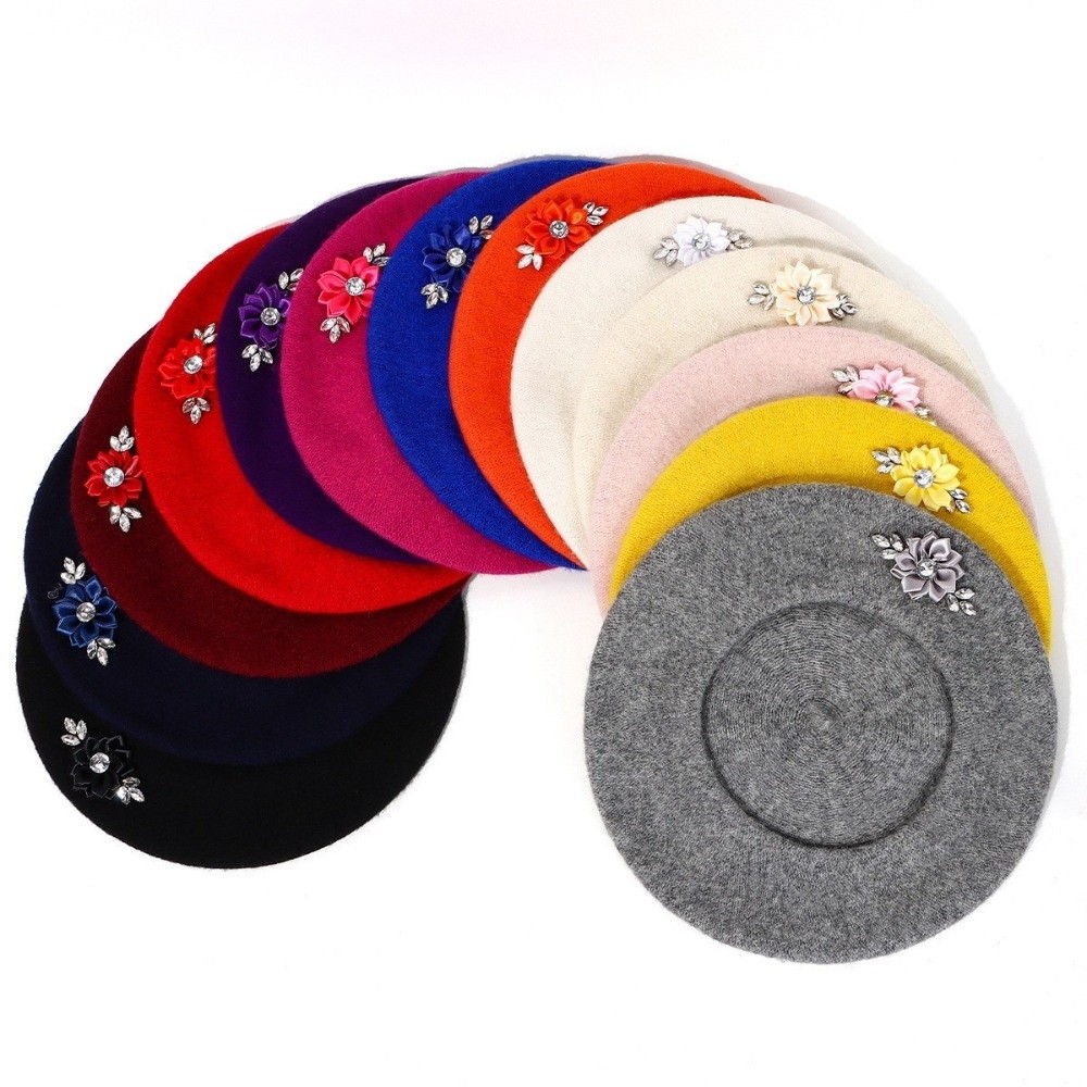 단색 울 베레모 크리스탈 장식 꽃무늬 라인스톤 프렌치  - Beret French Wool 리뷰 및 가격